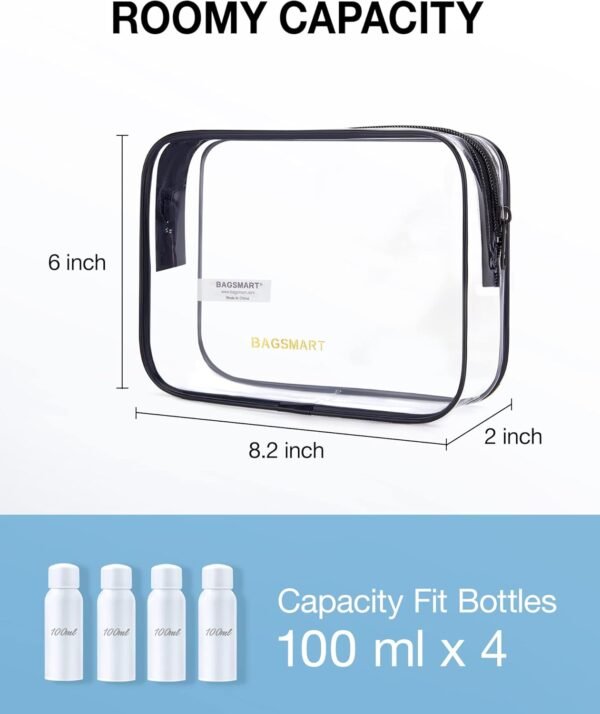 BAGSMART Clear Toiletry Bag, 2 Packs TSA Approved Water resistant Quart Size Travel Organizer, Airport Airline Travel Essential Carry On Makeup Cosmetic Bags for Women, Black - Image 2
