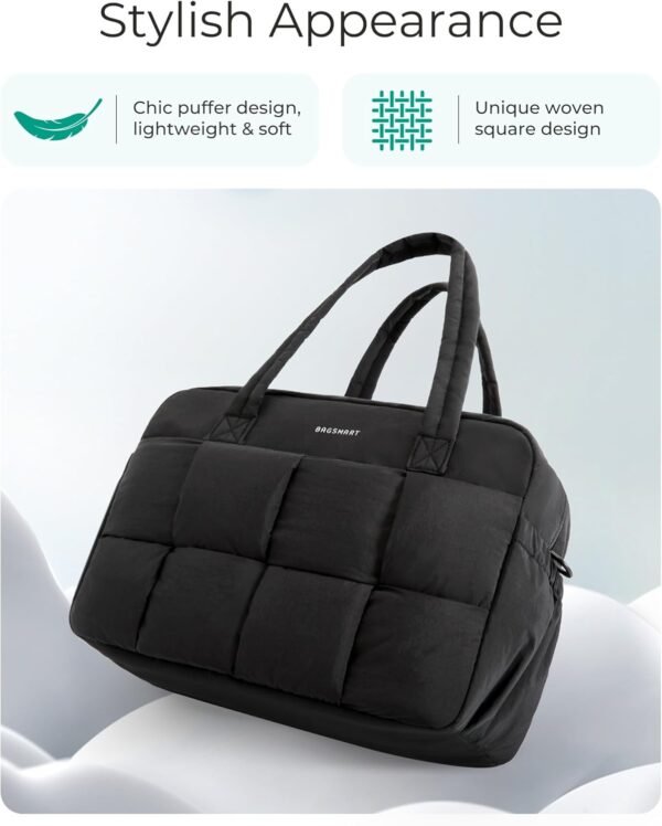 BAGSMART Gym Bag for Women, 29L Puffer Travel Duffle Bag for Travel with Laptop Compartment, Weekender Bags for Women, Carry On Duffel Bag Personal Item Bag, Black - Image 5