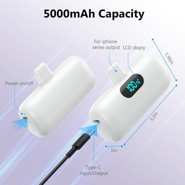[2 Pack]Mini Portable Charger 5000mAh,Ultra-Compact 15W PD Fast Charging Power Bank,LCD Display Cute Battery Pack Backup Charger Compatible with iPhone 14/14 Pro Max/13/13 Pro/12/XR/8/7/6-Black+White - Image 5