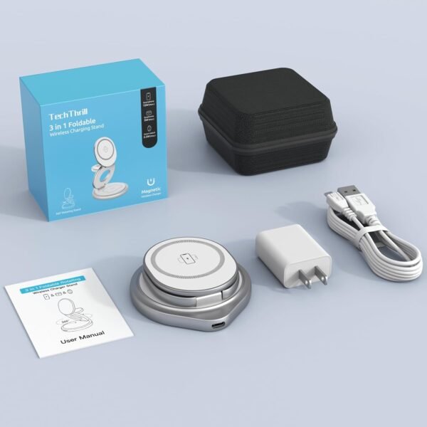 3 in 1 Charging Station for Apple Magsafe Travel Charger for Multiple Devices Aluminum Foldable Magnetic Wireless Charger with 360 Rotating for iPhone 16/15/14/13/12 Series,for iWatch,for Airpods - Image 8
