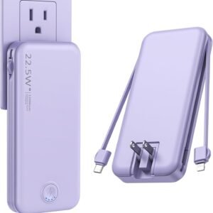 Portable Charger with Built in Cable and AC Wall Plug, USB C Power Bank 12000mAh 22.5W Super Fast Charging, Lightweight Portable Phone Charger Travel Battery Pack for iPhone, Samsung, Tablets