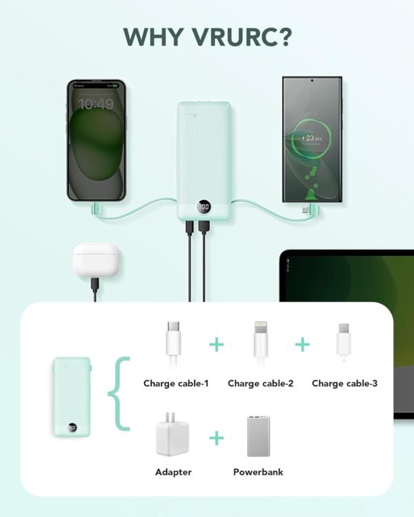VRURC Portable Charger Built-in Cables and AC Wall Plug, USB C Power Bank 10000mAh, Travel Battery Portable Phone Charger Compact Lightweight External Battery Pack for Smart Phones, Tablets etc-Green - Image 4