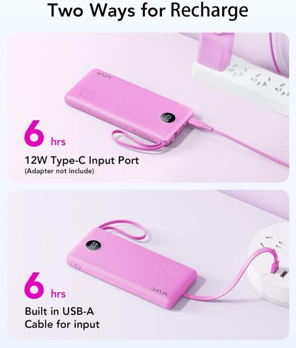VRURC Portable Charger 10000mAh, Travel Essentials Battery Pack, 5 Output 2 Input Power Bank, Built-in Micro & USB C Cables Phone Charger Compatible with iPhone,Samsung,Android-Purple(1 Pack) - Image 6