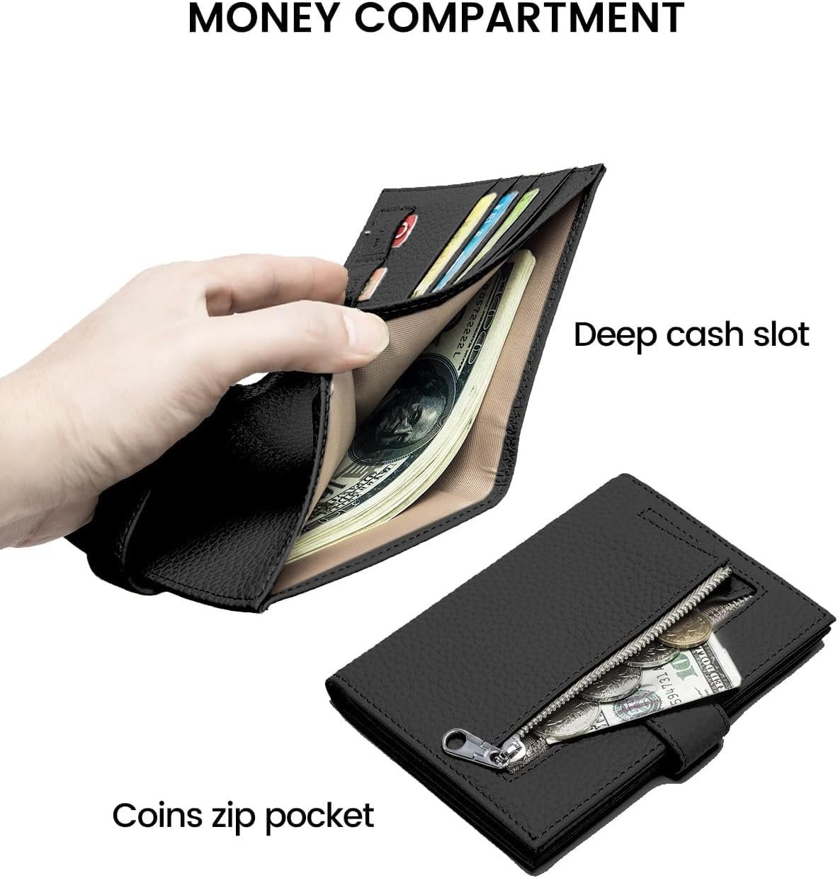 RFID Slim Passport Holder for Man & Women, Compact Leather Passport Wallet with Card Holders SIM Slots, Zippered Coins Pocket and Cash Holder Travel Passport Cover Case, Black - Image 3