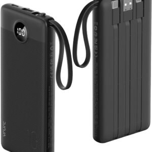 VRURC Portable Charger with Built in Cables, 10000mAh Travel Essentials Power Bank, 5 Output 2 Input LED Display External Battery Pack Compatible with iPhone,Samsung,Android-Black(1 Pack)