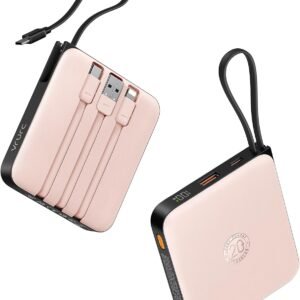 VRURC Mini Portable Charger, 22.5W USB C Fast Charging 10000mAh Pocket Power Bank with Built-in Cable, Battery Pack for iPhone 16 15 14 13 Samsung Galaxy S23 S22 Google Android, Pink(1 Pack)