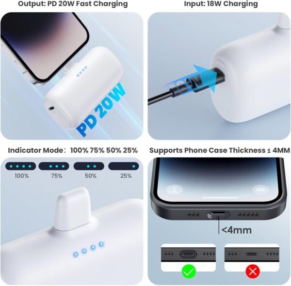 [2-Pack] Mini Portable Charger for iPhone,5200mAh Ultra Compact PD Fast Charging Power Bank,Plug-in Battery Pack Travel Cordless Phone Charger,Compatible with iPhone 14/14Pro/13/12/11/X/8/7/6plus etc - Image 5