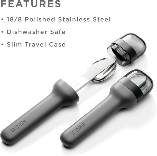 ZOKU Pocket Utensil Set, Charcoal - Stainless Steel Fork, Knife, and Spoon Nest in Hygienic Case - Portable Design for Travel, School, Work, Picnics, Camping and Outdoor Home Use - Image 2