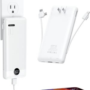 VRURC Portable Charger 10000mAh, Slim Portable Charger with Wall Plug, 22.5W USB Port Fast Charging Power Bank with Cables, 4 Outputs 2 Inputs Travel Essentials Battery for Smartphones-White (1 Pack)