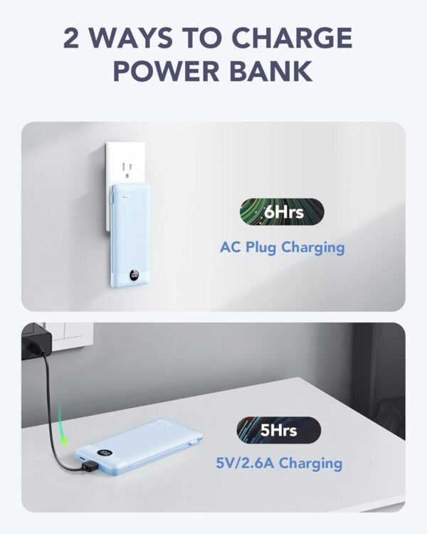 VRURC Portable Charger Built-in Cables and AC Wall Plug, USB C Power Bank 10000mAh, Travel Essentials Phone Charger Compact Lightweight External Battery Pack for Smart Phones, Tablets etc-Blue - Image 5