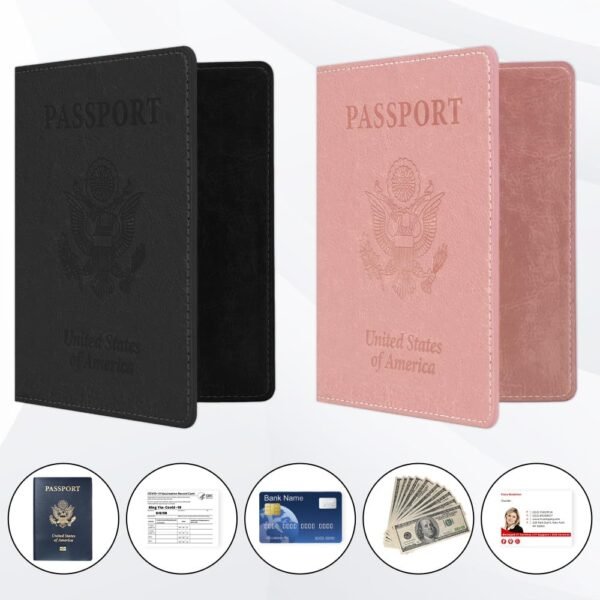 2 Pack Passport Holder for Travel, Passport Cover for Women Men, Leather Passport Holder Book Cover Case Bag Wallet Travel Document Holder Cruise Ship Study Abroad Essentials Must Haves(Black+Rose) - Image 4