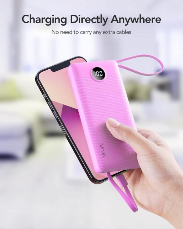 VRURC Portable Charger 10000mAh, Travel Essentials Battery Pack, 5 Output 2 Input Power Bank, Built-in Micro & USB C Cables Phone Charger Compatible with iPhone,Samsung,Android-Purple(1 Pack) - Image 8