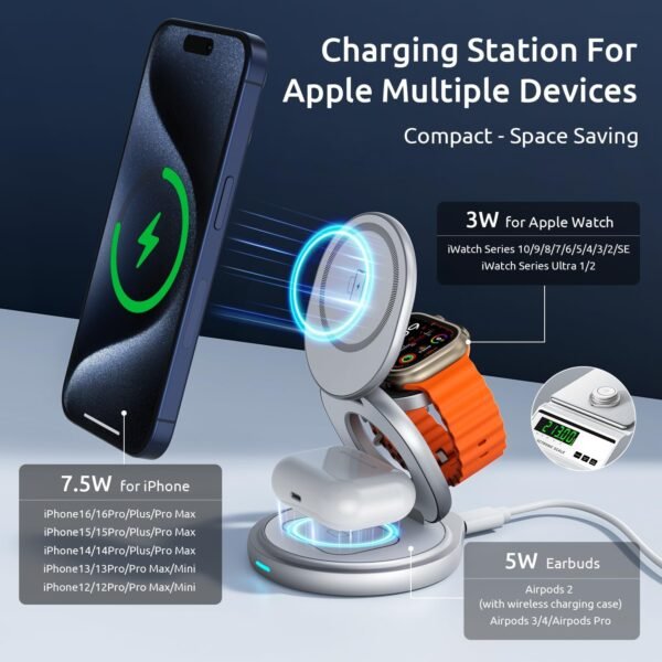 3 in 1 Charging Station for Apple Magsafe Travel Charger for Multiple Devices Aluminum Foldable Magnetic Wireless Charger with 360 Rotating for iPhone 16/15/14/13/12 Series,for iWatch,for Airpods - Image 3
