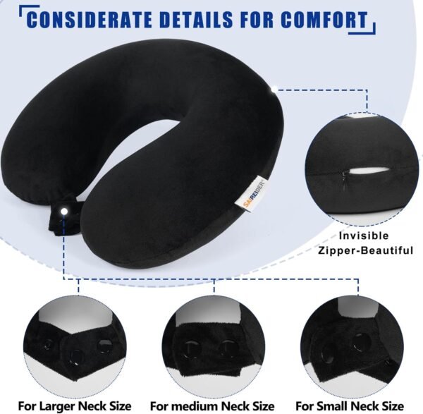 SAIREIDER Travel Pillow 100% Pure Memory Foam Travel Neck Pillow, Airplane Pillow for Traveling、Car、Home、Office，Washable Cover（Black） - Image 5