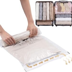 TAILI 12 Pack Travel Compression Bags, Roll Up Space Saver Bags (6 Large+6 Medium), No Vacuum Needed Reusable Packing for Luggage, Suitcase, Backpack, Travel Essentials, Clear