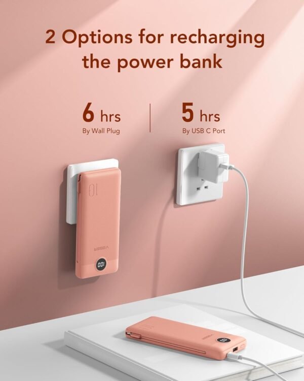VEGER Portable Charger for iPhone Built in Cables and Wall Plug, 10000mah Slim Fast Charging USB C Power Bank, Travel Essential Battery Pack Compatible with iPhones, iPad, Samsung More Devices(Pink) - Image 4
