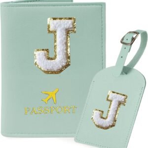 COSHAYSOO Green Initial Passport Cover Holder and Luggage Tag Set TSA Approved with Chenille Letter Patch ABC for Women Teenage Girls, Travel Essentials Must Have Stuff Bag Suitcase Identifier (J)