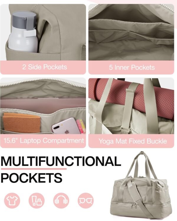 Weekender Bags for Women, BAGSMART Travel Duffel Bags with Shoe Compartment,Personal Item Travel Bag for Airlines, Carry on Overnight Tote Bag with Toiletry Bag(Beige,2pcs) - Image 2