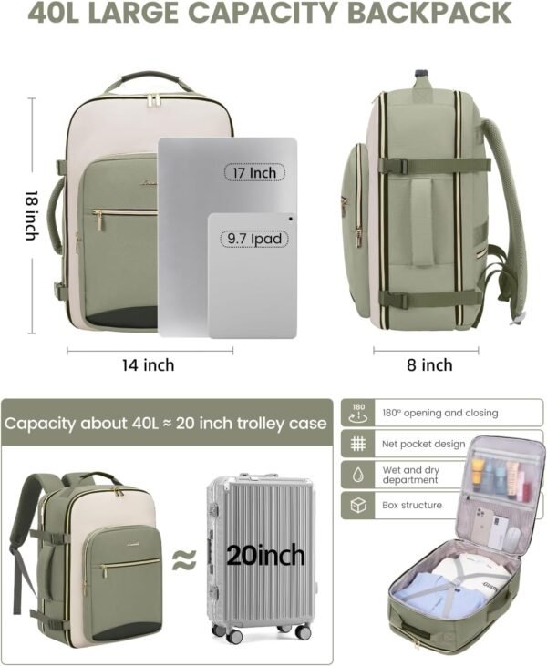 LOVEVOOK 40L Travel Backpack for Women & Men, Large Carry on Backpack for Airplanes with 3 Packing Cubes, TSA Personal Item Travel Bag fits 17" Laptop, Waterproof Weekender Essentials Airline Approved - Image 5