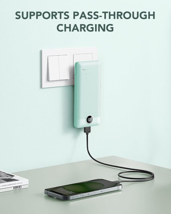 VRURC Portable Charger Built-in Cables and AC Wall Plug, USB C Power Bank 10000mAh, Travel Battery Portable Phone Charger Compact Lightweight External Battery Pack for Smart Phones, Tablets etc-Green - Image 2