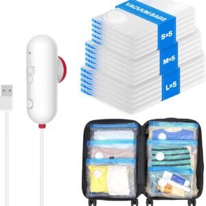 VMstr 15 Pack Travel Vacuum Storage Bags with USB Pump, Vacuum Packing Seal for Luggage and Suitcase, Space Saver for Clothes and Clothing Travel