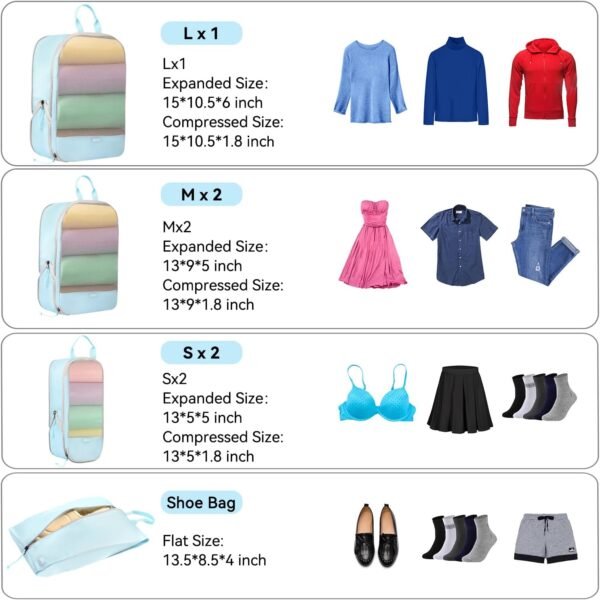 Voova 6 Set Compression Packing Cubes, Travel Accessories Expandable Packing Organizer Bags Set for Carry on Suitcase, Durable Luggage Packing Cubes for Travel Essentials, Blue - Image 2