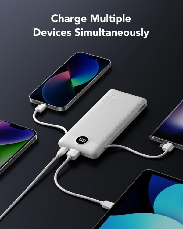 VRURC Portable Charger 10000mAh, Slim Portable Charger with Wall Plug, 22.5W USB Port Fast Charging Power Bank with Cables, 4 Outputs 2 Inputs Travel Essentials Battery for Smartphones-White (1 Pack) - Image 6