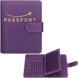 Passport Holder Pu Leather Travel Passport Wallet, RFID Waterproof Passport Cover Wallets Vacation Essentials, Passport Holder Family Travel Wallets For Men And Women (Purple)