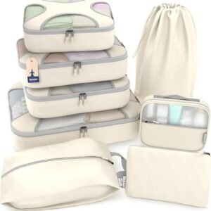 Shacke Premium 8 Packing Cubes Set - Lightweight Mesh Travel Luggage Organizers with Laundry Bag, 8-Piece Suitcase Storage System (Sand)