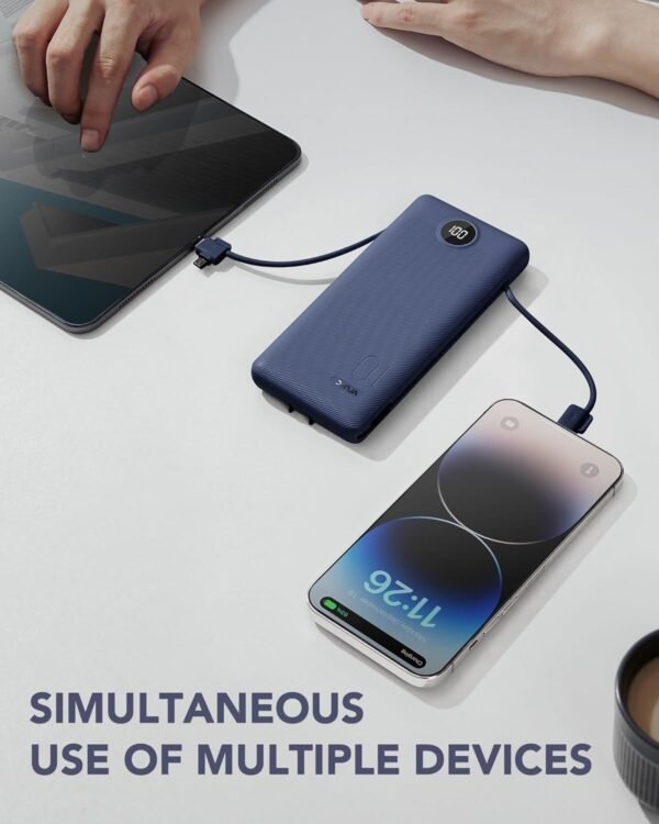 VRURC Portable Charger Built-in Cables and AC Wall Plug, USB C Power Bank 10000mAh, Travel Battery Portable Phone Charger Compact Lightweight External Battery Pack for Smart Phones, Tablets etc-Navy - Image 6
