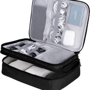 LENTION Cable Electronics Organizer Bag Pouch, Travel Accessories Carry Case Portable Waterproof Double Layers All-in-One Storage Tech for Cord, Charger, Power Bank, Earphone Black