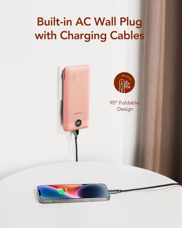 VEGER Portable Charger for iPhone Built in Cables and Wall Plug, 10000mah Slim Fast Charging USB C Power Bank, Travel Essential Battery Pack Compatible with iPhones, iPad, Samsung More Devices(Pink) - Image 3