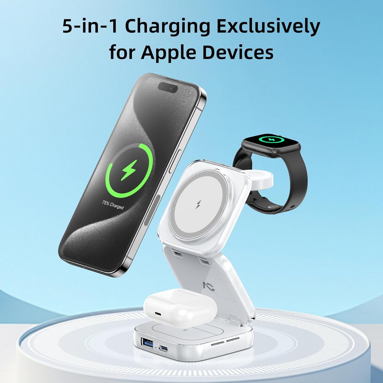 Wireless Charger for MagSafe, AC Island 5-in-1 Portable Travel Charging Station, 15W Max Fast Foldable Magnetic Stand, Evolved for iPhone 16/15/14/13 Series, Apple Watch, AirPods (with 35W Adapter) - Image 2
