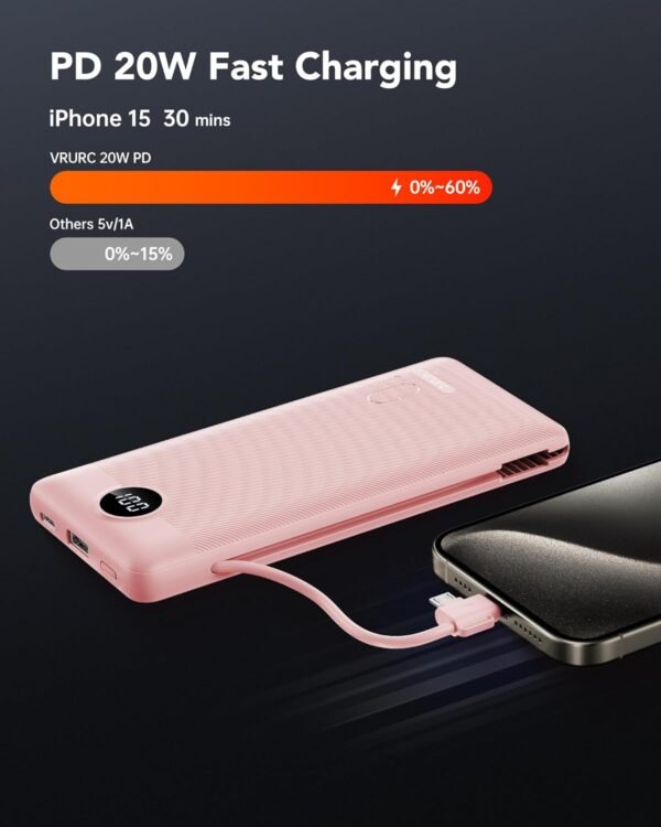 VRURC Portable Charger Power Bank with Wall Plug, 10000mAh Portable Charger with Built in Cables, PD 20W Fast Charging Portable Charger with Cords External Charger Travel Accessories-Pink(1 Pack) - Image 3