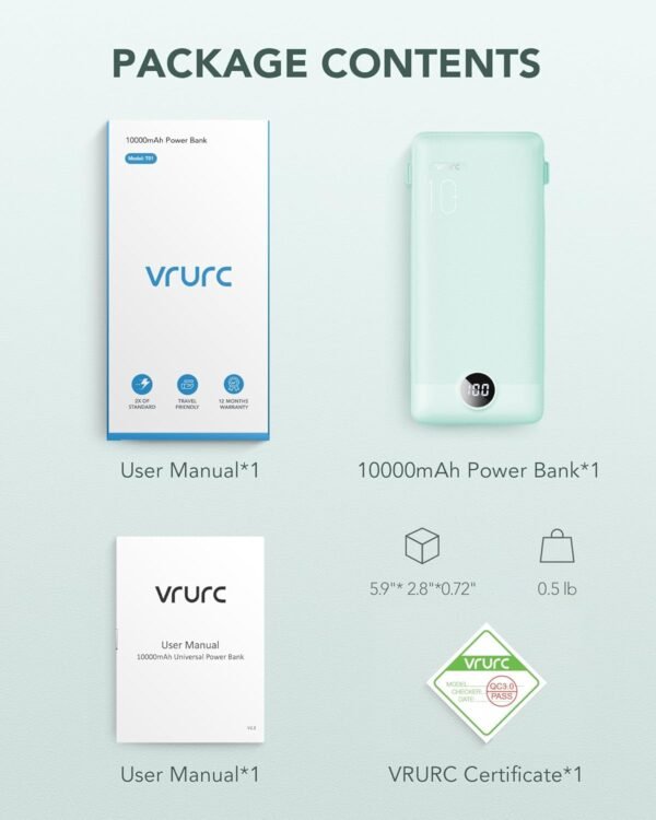 VRURC Portable Charger Built-in Cables and AC Wall Plug, USB C Power Bank 10000mAh, Travel Battery Portable Phone Charger Compact Lightweight External Battery Pack for Smart Phones, Tablets etc-Green - Image 8