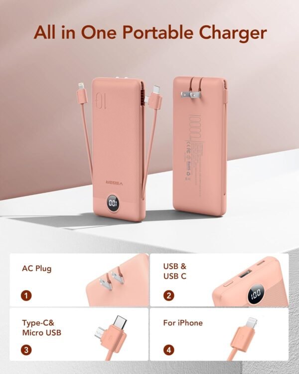 VEGER Portable Charger for iPhone Built in Cables and Wall Plug, 10000mah Slim Fast Charging USB C Power Bank, Travel Essential Battery Pack Compatible with iPhones, iPad, Samsung More Devices(Pink) - Image 2