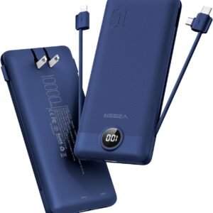 VEGER Portable Charger for iPhone with Built in Cables and Wall Plug, 10000mah Slim Fast Charging USB C Power Bank, Travel Essential Battery Pack Compatible with iPhone, iPad, Samsung etc(Navy)