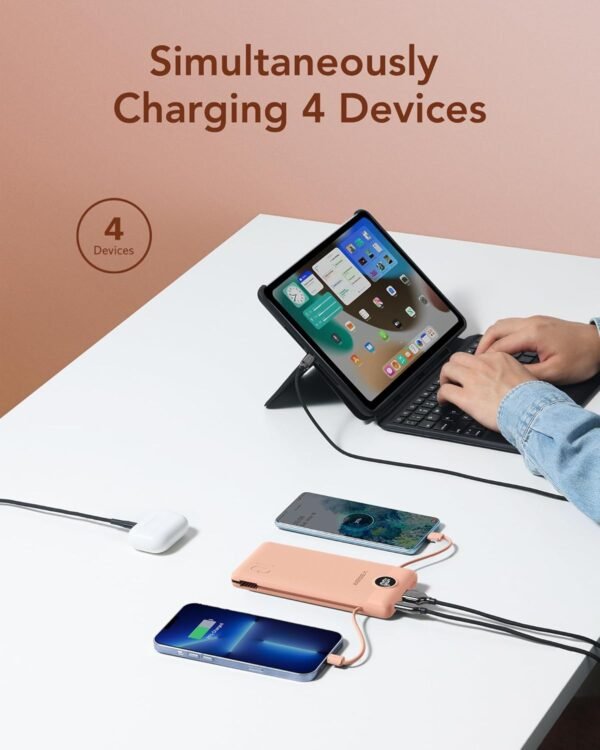 VEGER Portable Charger for iPhone Built in Cables and Wall Plug, 10000mah Slim Fast Charging USB C Power Bank, Travel Essential Battery Pack Compatible with iPhones, iPad, Samsung More Devices(Pink) - Image 5