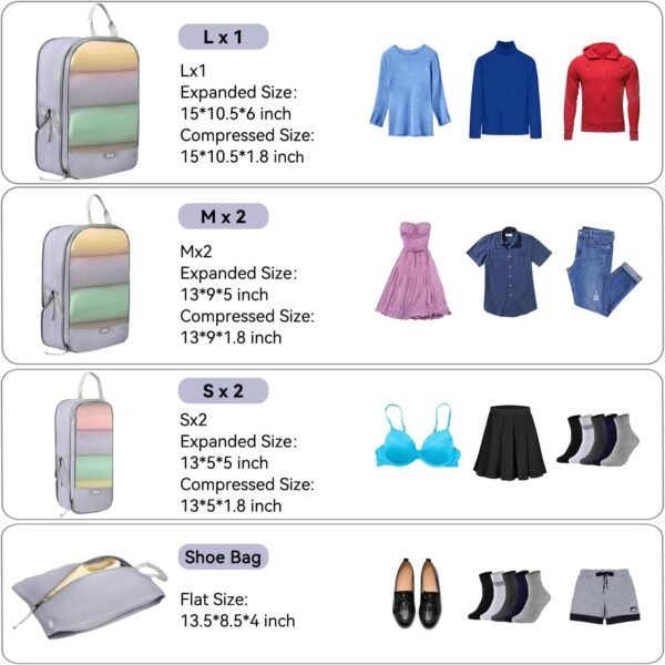 Voova 6 Set Compression Packing Cubes, Travel Accessories Expandable Packing Organizer Bags Set for Carry on Suitcase, Durable Luggage Packing Cubes for Travel Essentials,Grey - Image 2