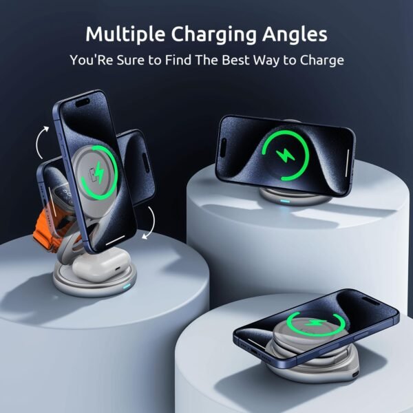 3 in 1 Charging Station for Apple Magsafe Travel Charger for Multiple Devices Aluminum Foldable Magnetic Wireless Charger with 360 Rotating for iPhone 16/15/14/13/12 Series,for iWatch,for Airpods - Image 4