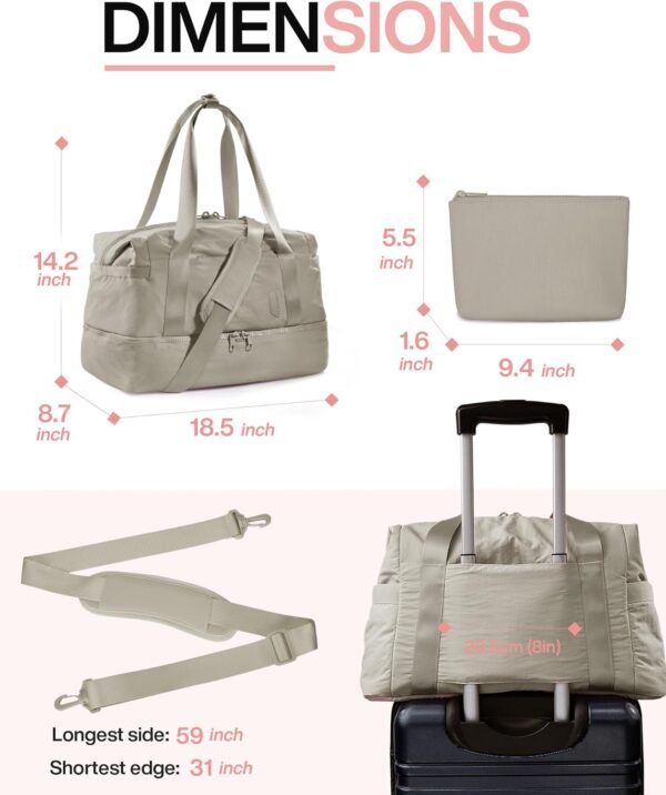 Weekender Bags for Women, BAGSMART Travel Duffel Bags with Shoe Compartment,Personal Item Travel Bag for Airlines, Carry on Overnight Tote Bag with Toiletry Bag(Beige,2pcs) - Image 5