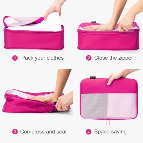4 Set Compression Packing Cubes for Suitcases and Backpack, Space Saving Organizers, Luggage Bag for Travel Essentials (Rose Red) - Image 4