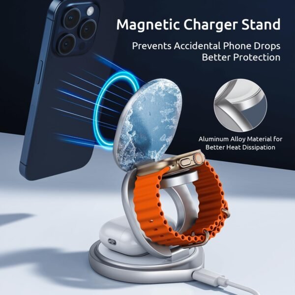 3 in 1 Charging Station for Apple Magsafe Travel Charger for Multiple Devices Aluminum Foldable Magnetic Wireless Charger with 360 Rotating for iPhone 16/15/14/13/12 Series,for iWatch,for Airpods - Image 5