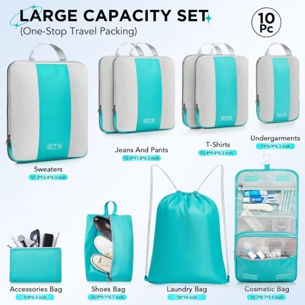 10 Set Compression Packing Cubes for Travel Essentials,Compressible Expandable Packing Cubes for Suitcase,OlarHike Luggage Organizer Bags for Travel,Handy Helper for Organizing Clothes(Cyan) - Image 2