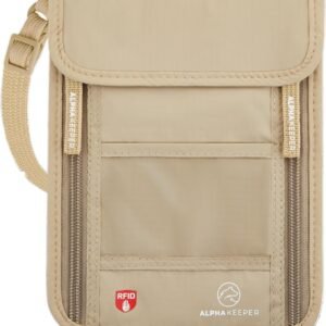 Alpha Keeper Neck Wallet, Travel Pouch For Passport Holder And Documents, RFID Blocking, Beige, Unisex Adult, Travelers, Adults