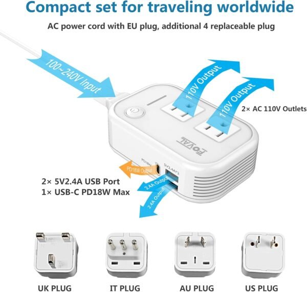 220V to 110V Converter Travel Adapter: FOVAL International Step Down Power Converter for Hair Straightener/Curler with 18W USB-C Port Outlet Voltage Converter US to Europe Italy UK AU China Plug - Image 3