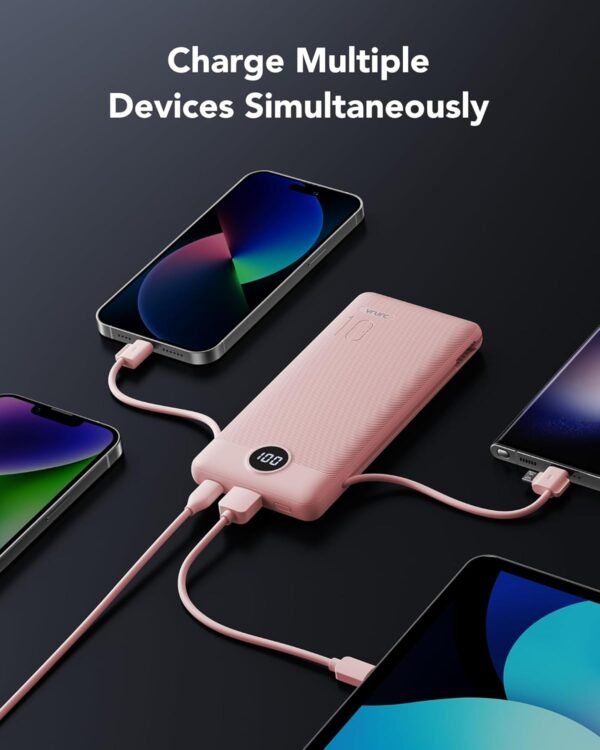 VRURC Portable Charger Power Bank with Wall Plug, 10000mAh Portable Charger with Built in Cables, PD 20W Fast Charging Portable Charger with Cords External Charger Travel Accessories-Pink(1 Pack) - Image 6