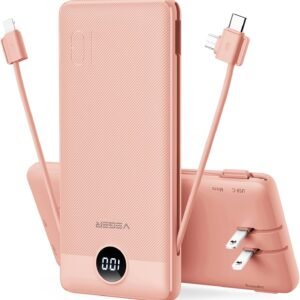 VEGER Portable Charger for iPhone Built in Cables and Wall Plug, 10000mah Slim Fast Charging USB C Power Bank, Travel Essential Battery Pack Compatible with iPhones, iPad, Samsung More Devices(Pink)