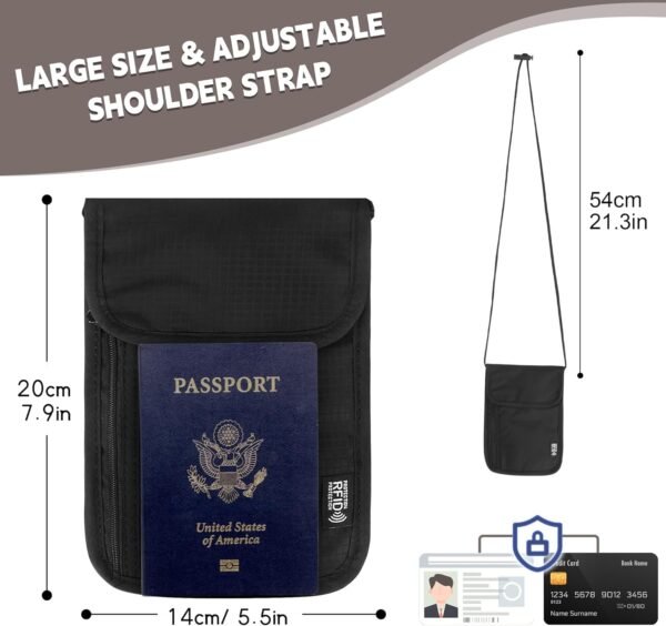 5.5" L x 7.9" W Travel Neck Wallet, RFID Blocking Passport Holder, Security Lightweight Passport Travel Wallet, Neck Pouch Gifts for Women Men(Black) - Image 2