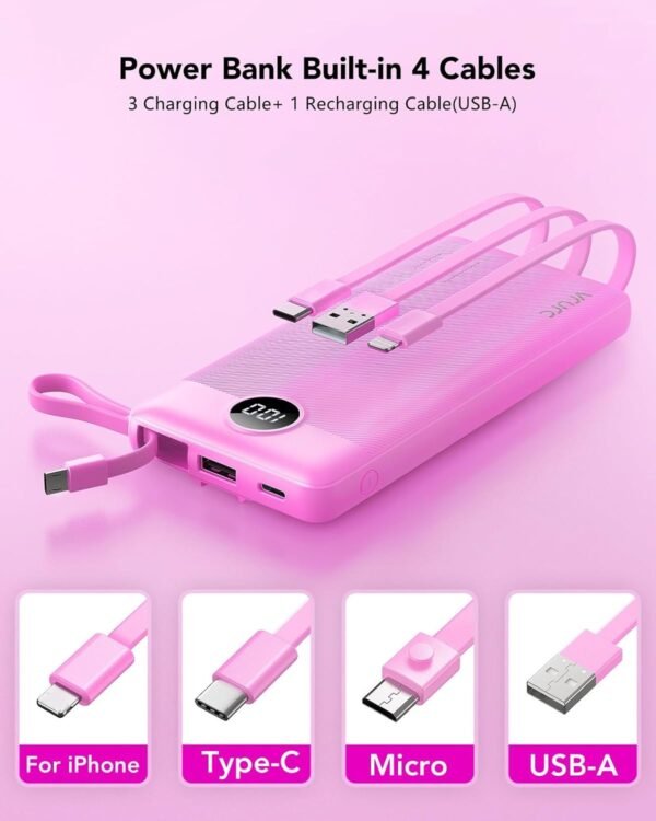 VRURC Portable Charger 10000mAh, Travel Essentials Battery Pack, 5 Output 2 Input Power Bank, Built-in Micro & USB C Cables Phone Charger Compatible with iPhone,Samsung,Android-Purple(1 Pack) - Image 2